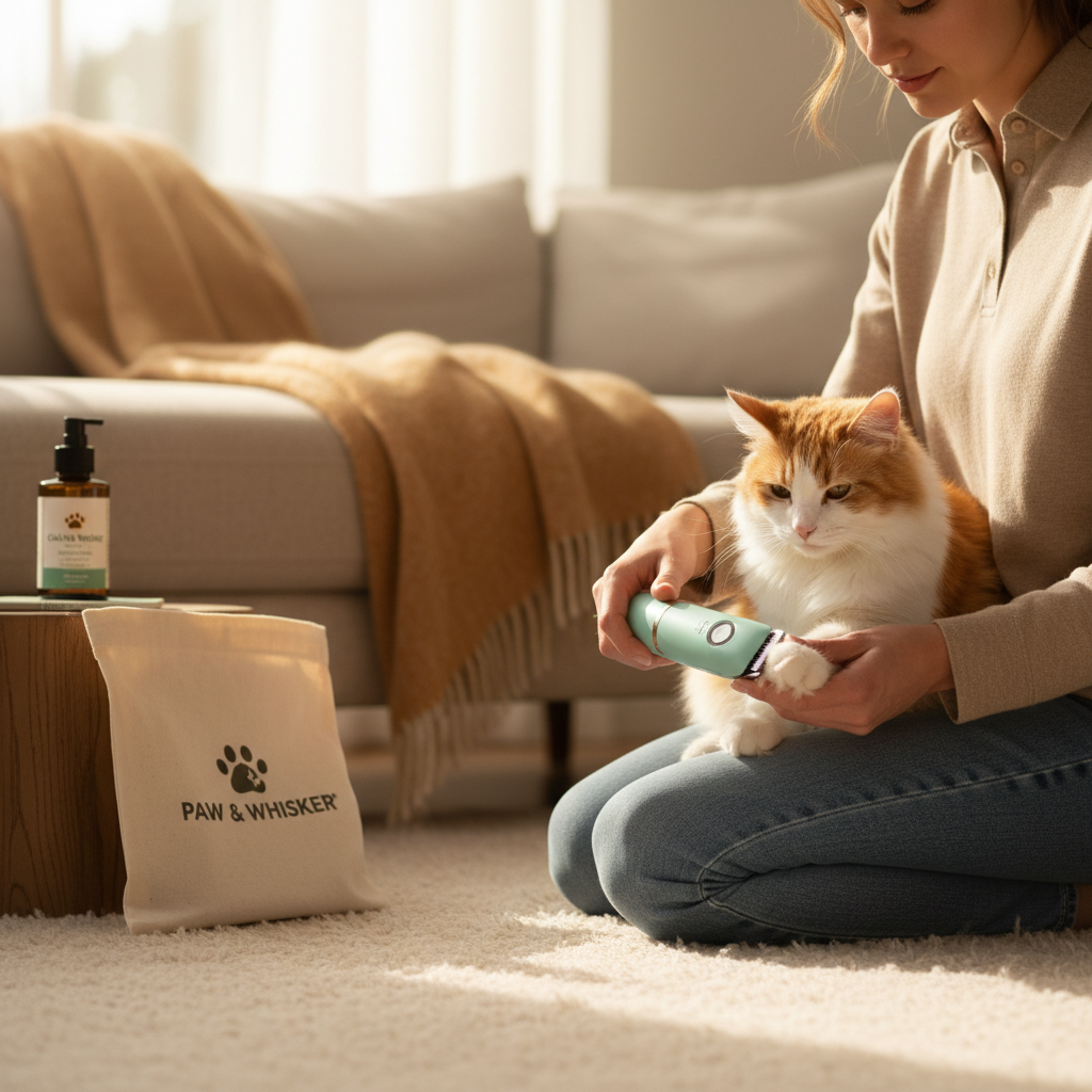 Person grooming cat with green clipper