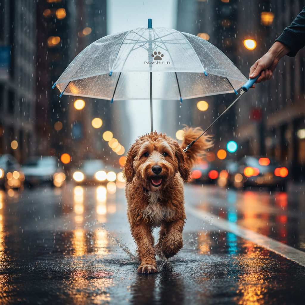 Dog walking in rain under umbrella