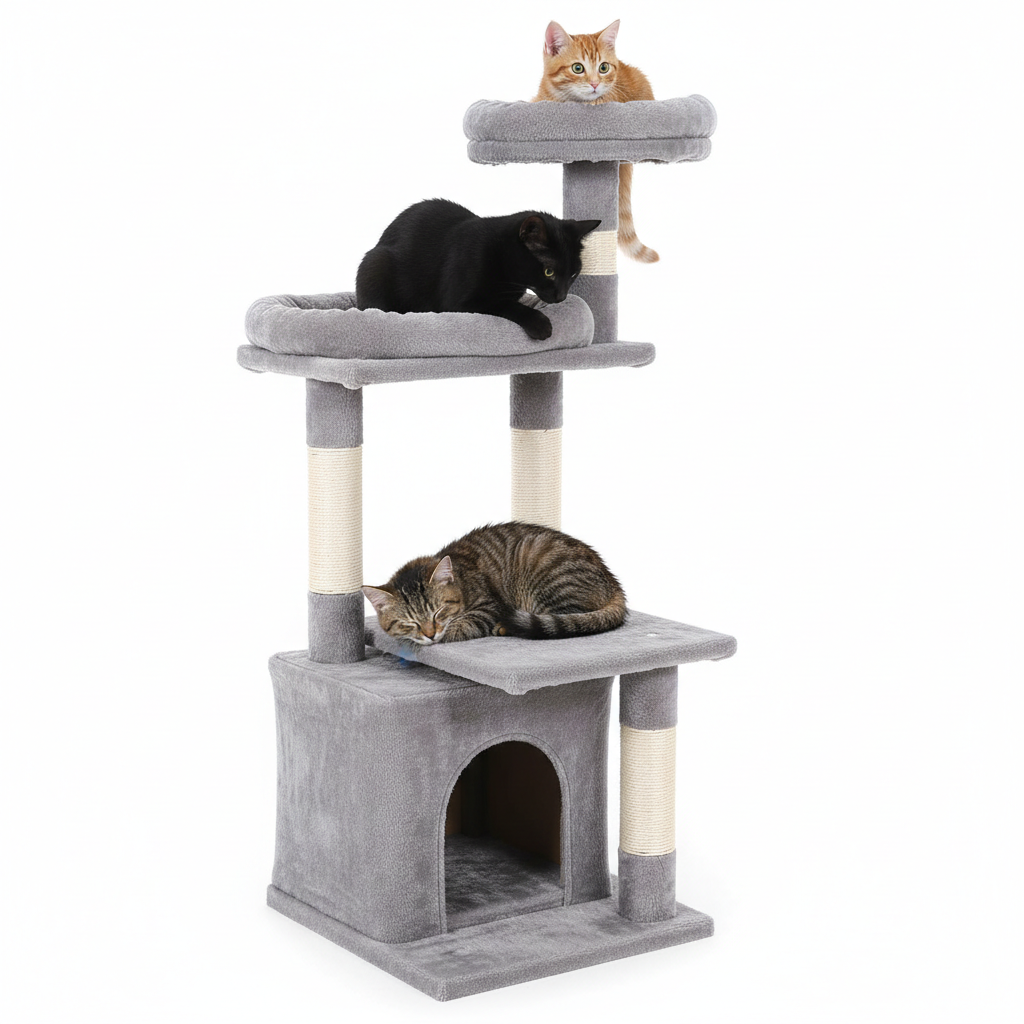 Grey cat tree tower product shot