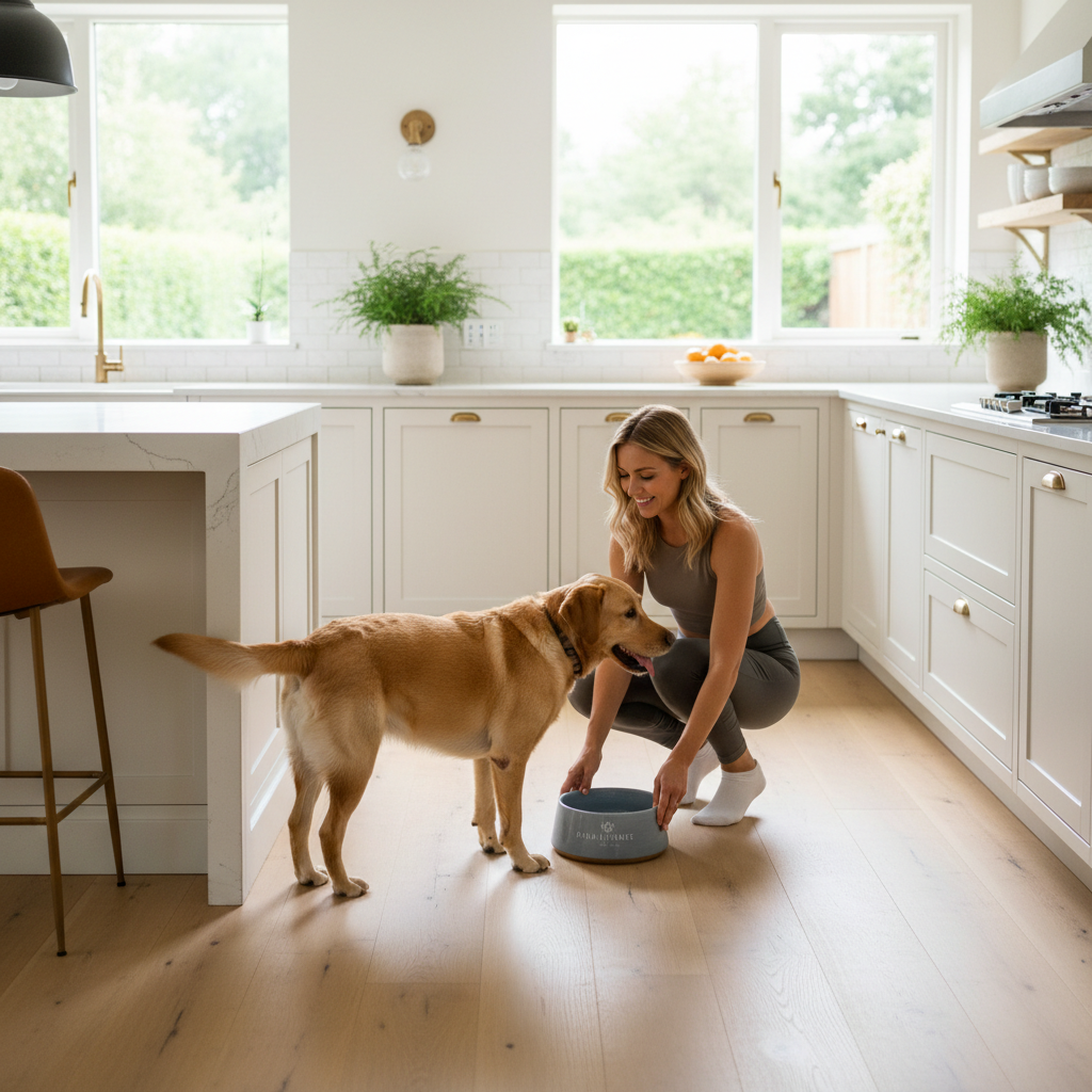 Woman placing water bowl for dog