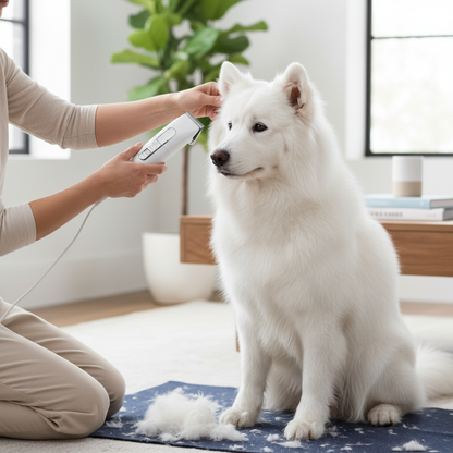 Person grooming dog with white trimmer