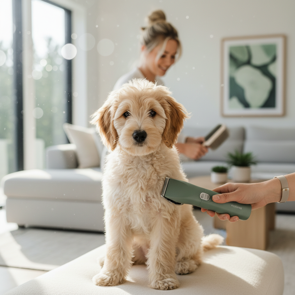 Dog being groomed with electric trimmer