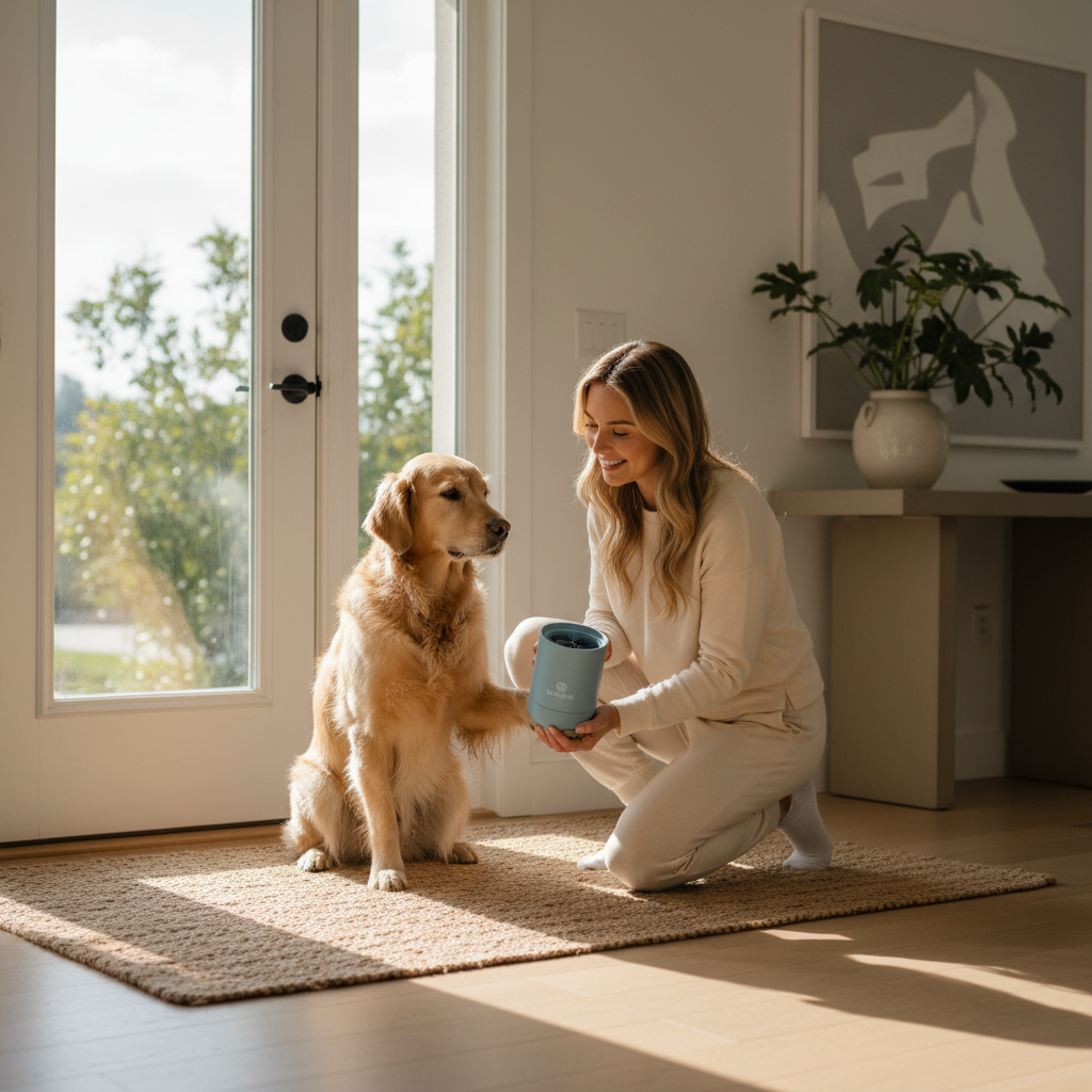 Woman cleaning dog paw at front door