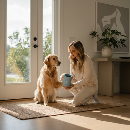 Woman cleaning dog paw at front door