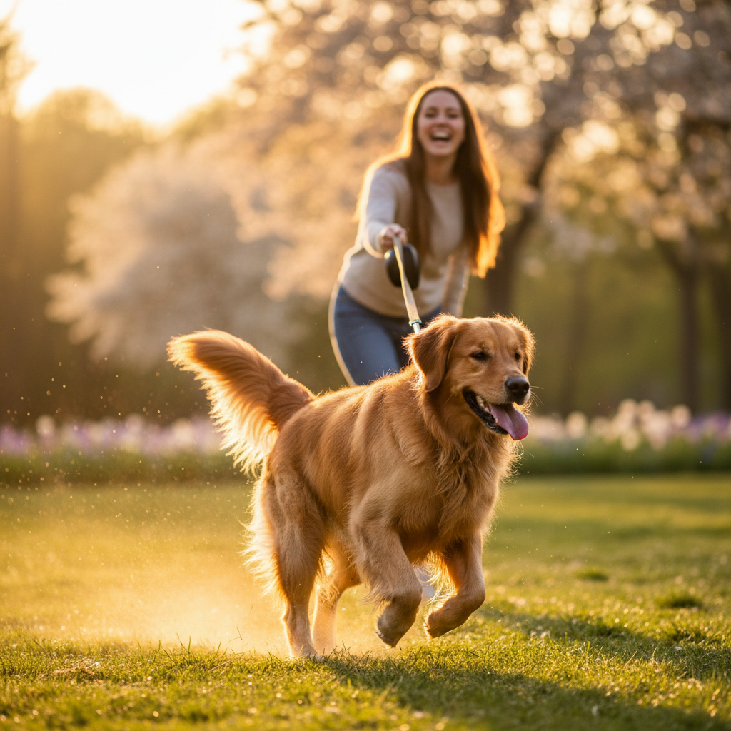 Golden retriever running on retractable leash