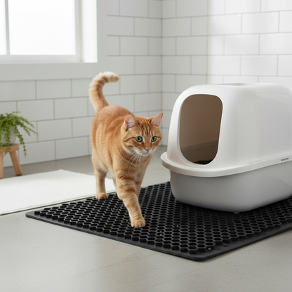 Cat stepping off litter mat