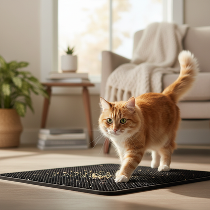 Ginger cat stepping off litter mat