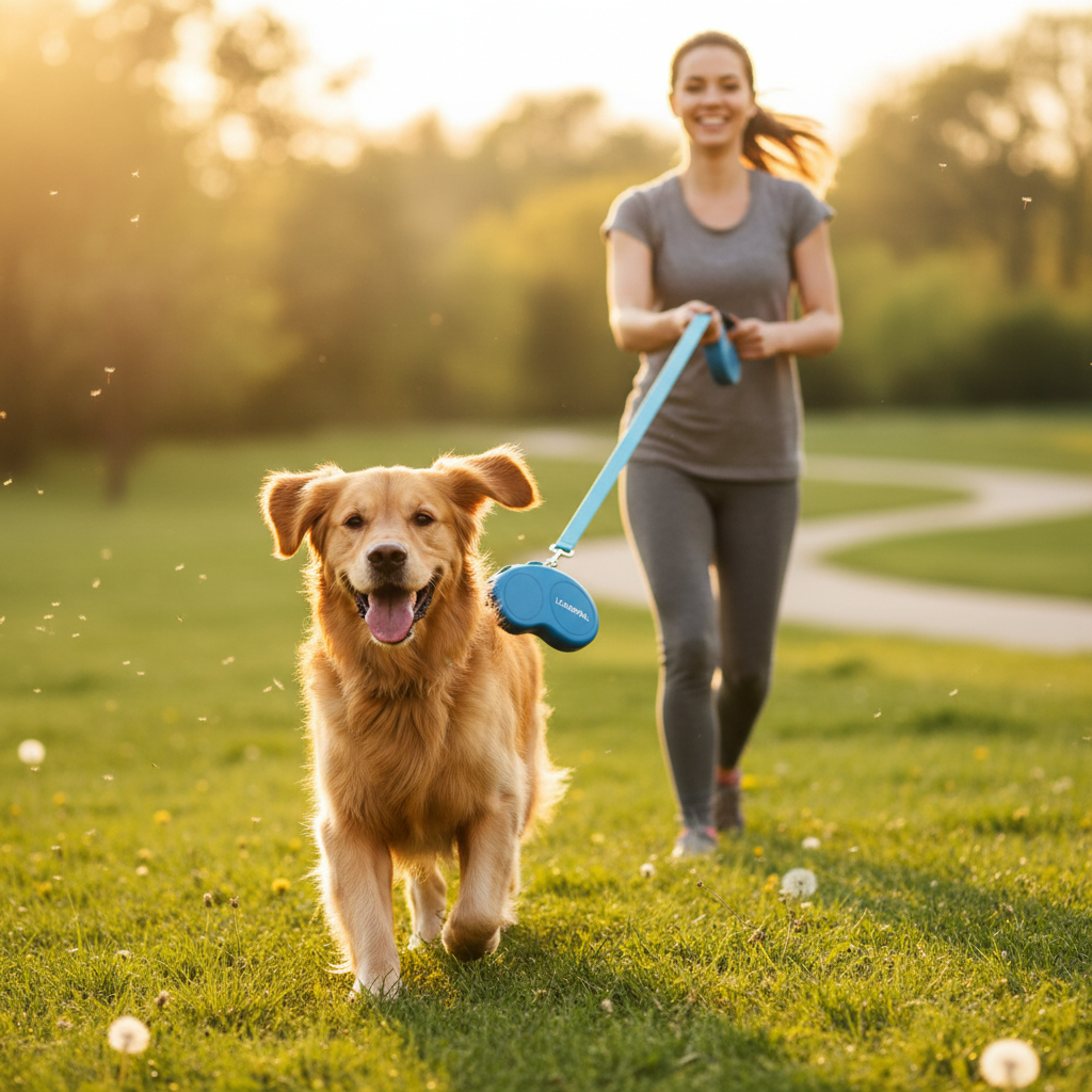 Golden retriever on retractable leash lifestyle