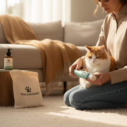 Person grooming cat with green clipper